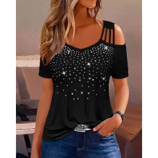 Rhinestone Cold Shoulder Short Sleeve Top - black