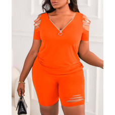 Rhinestone Cold Shoulder Top & High Waist Shorts Set - orange