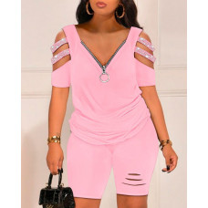 Rhinestone Cold Shoulder Top & High Waist Shorts Set - pink