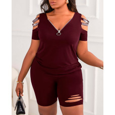 Rhinestone Cold Shoulder Top & High Waist Shorts Set - Wine red