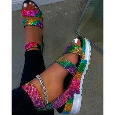 Rhinestone Colorblock Buckled Platform Sandals - Multicolor