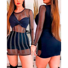 Rhinestone Contrast Mesh Long Sleeve Bodycon Dress - black