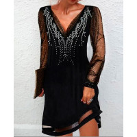 Rhinestone Contrast Mesh Long Sleeve Casual Dress - black