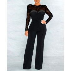 Rhinestone Contrast Mesh Long Sleeve Jumpsuit - black