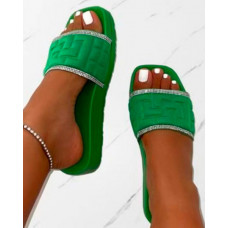 Rhinestone Contrast Paneled Wide Strap Slippers - green