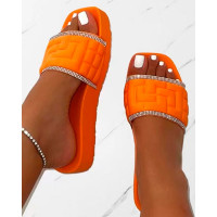 Rhinestone Contrast Paneled Wide Strap Slippers - orange