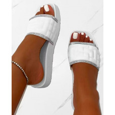 Rhinestone Contrast Paneled Wide Strap Slippers - white