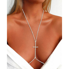 Rhinestone Cross Pattern Crossover Body Chain - silver