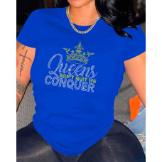 Rhinestone Crown Letter Pattern Short Sleeve Top - blue