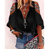 Rhinestone Cutout Bell Sleeve Zipper Design Top - black