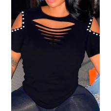 Rhinestone Cutout Cold Shoulder T-shirt - black