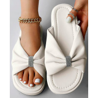 Rhinestone Decor Bowknot Design Slippers - white