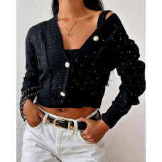 Rhinestone Decor Buttoned Crop Cardigan With Tank Top - black