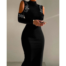 Rhinestone Decor Cold Shoulder Bodycon Dress - black