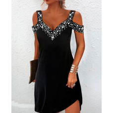 Rhinestone Decor Cold Shoulder Casual Dress - black