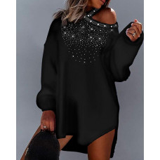 Rhinestone Decor Cold Shoulder Long Sleeve Dress - black