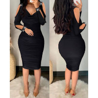 Rhinestone Decor Cold Shoulder Ruched Bodycon Dress - black