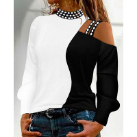 Rhinestone Decor Colorblock Cold Shoulder Top - blackwhite