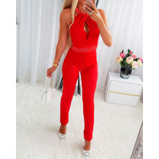 Rhinestone Decor Crisscross Backless Halter Jumpsuit - red