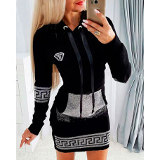 Rhinestone Decor Drawstring Hooded Sweatshirt Dress - black