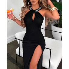 Rhinestone Decor Halter High Slit Dress - black