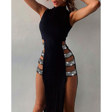 Rhinestone Decor Ladder Cutout High Slit Party Dress - black