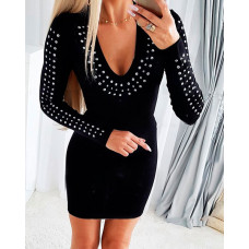 Rhinestone Decor Long Sleeve Bodycon Dress - black