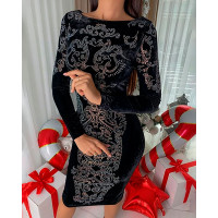 Rhinestone Decor Long Sleeve Velvet Party Dress - black