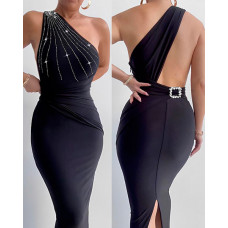 Rhinestone Decor One Shoulder Backless Ruched Party Dress - black