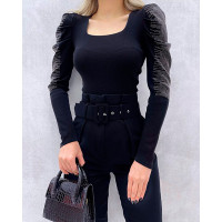 Rhinestone Decor Puff Sleeve Ribbed Top - black