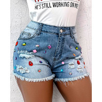 Rhinestone Decor Raw Hem Denim Shorts - blue