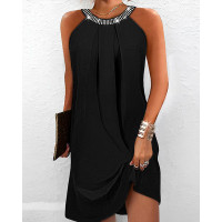 Rhinestone Decor Ruched Casual Dress - black