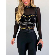 Rhinestone Decor Sheer Mesh Long Sleeve Top - black