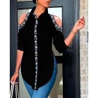 Rhinestone Decor Side Slit Cold Shoulder Shirt - black