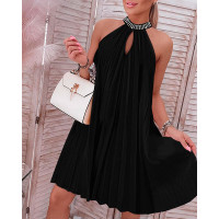 Rhinestone Decor Sleeveless Pleated Casual Dress - black