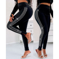 Rhinestone Decor Split Hem High Waist Pants - black