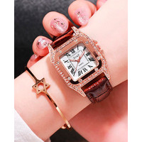 Rhinestone Decor Square Quartz Watch - brown