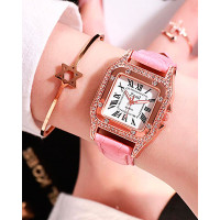 Rhinestone Decor Square Quartz Watch - pink