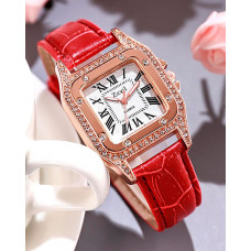 Rhinestone Decor Square Quartz Watch - red