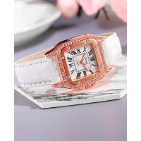 Rhinestone Decor Square Quartz Watch - white