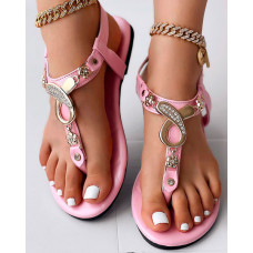 Rhinestone Decor Toe Post Beach Sandals - pink