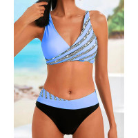 Rhinestone Decor V-Neck Bikini Set - blue