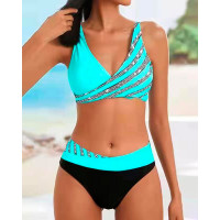 Rhinestone Decor V-Neck Bikini Set - green