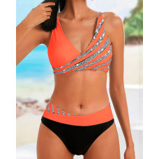 Rhinestone Decor V-Neck Bikini Set - orange