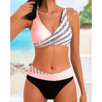 Rhinestone Decor V-Neck Bikini Set - pink