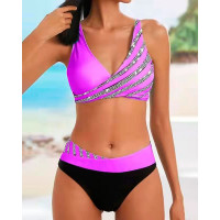 Rhinestone Decor V-Neck Bikini Set - purple