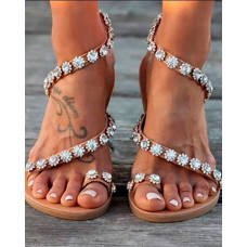 Rhinestone Detail Toe Ring Flat Sandals - brown