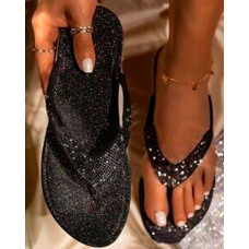 Rhinestone Embellished Thong Slippers - black