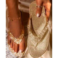 Rhinestone Embellished Thong Slippers - gold