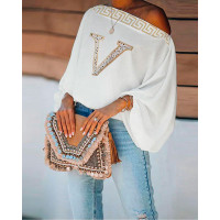 Rhinestone Embroidery Letter Lantern Sleeve Top - white